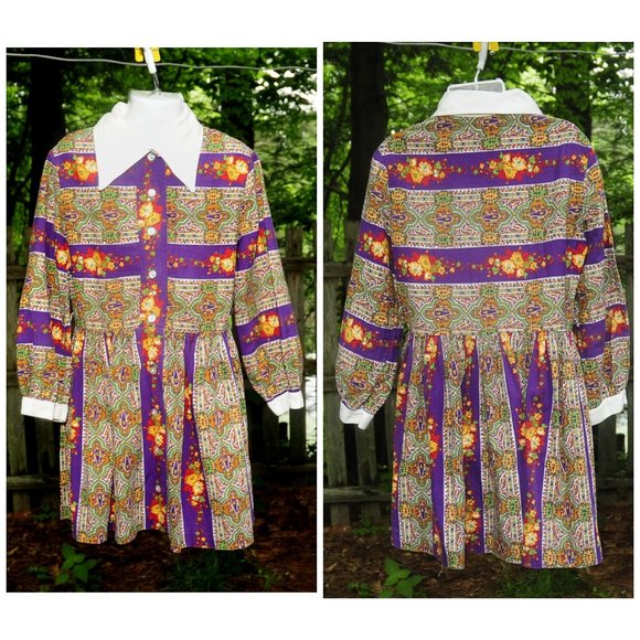 Vintage 70's Girls Cotton Purple Paisley & Floral School Church Dress Size 8/10
